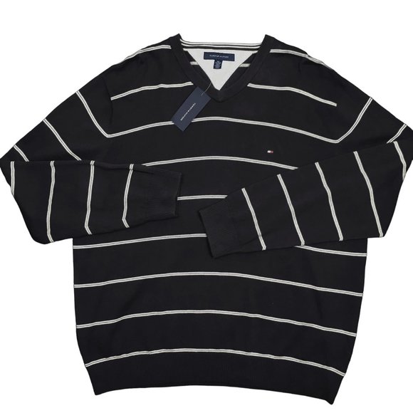 NEW Tommy Hilfiger Sweater!  Black With Gray Stripes V Neck  Tommy Flag on Chest - Picture 1 of 1